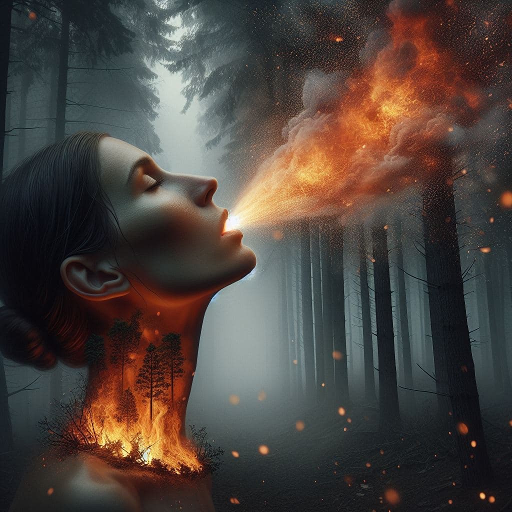 AI generated: realistic image of a womans head extinguishing a forest fire by breathing in the burning embers