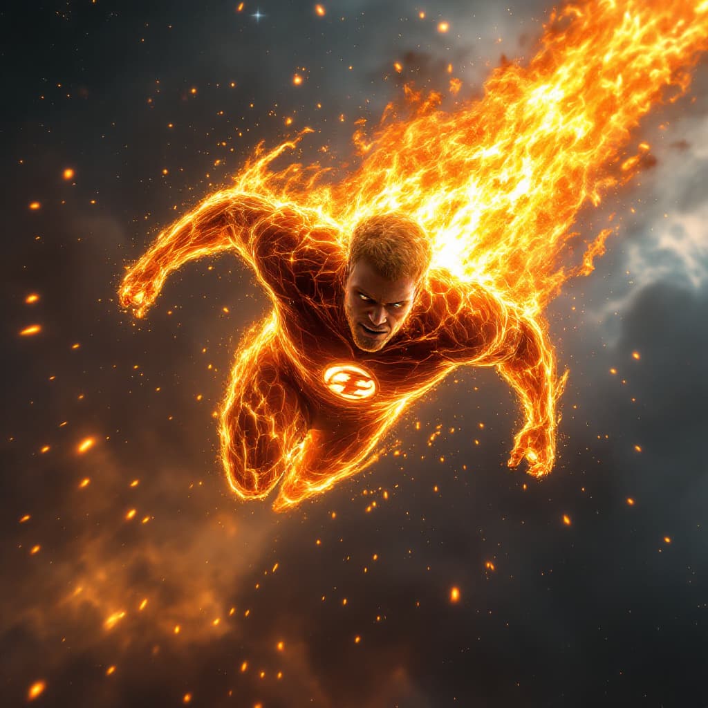 AI generated: "A hyper-realistic depiction of the Human Torch from the Fantastic Four speeding through the sky, en...