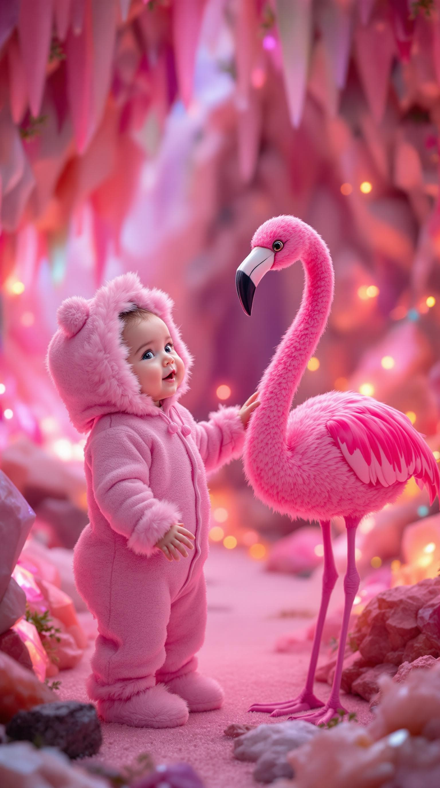 AI generated: A baby dressed in a pink outfit with a fluffy hood stands next to a pink flamingo in a whimsical, cr...