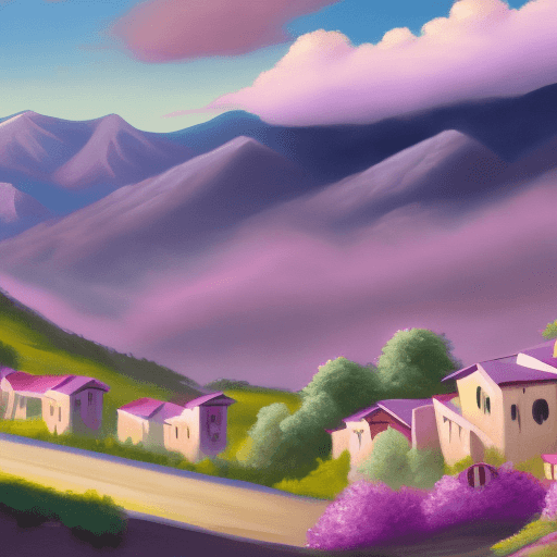 AI generated: Desktop wallpaper with 1920x1080 resolution of a Hill station town with mauve sky background in oil ...