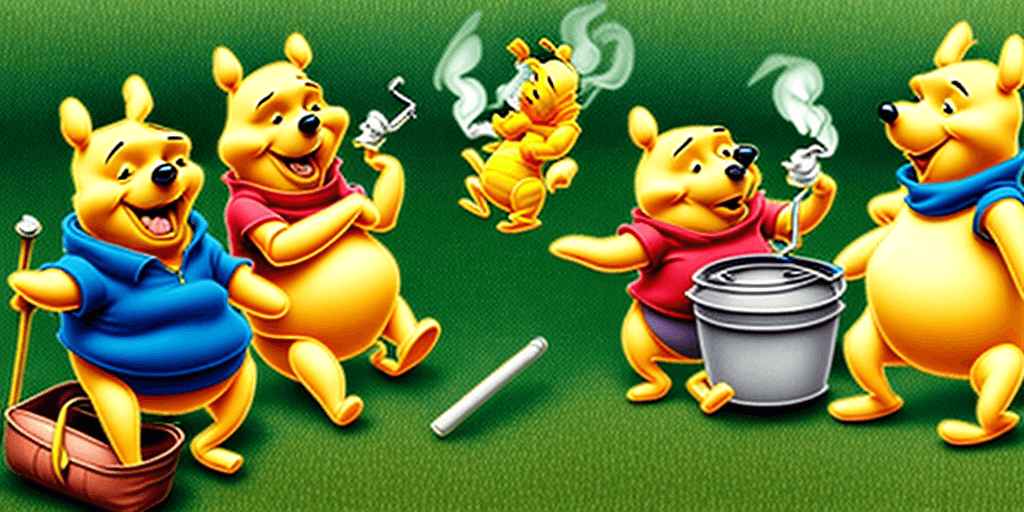 AI generated: winnie the pooh, smoking joint with shreek on the grass