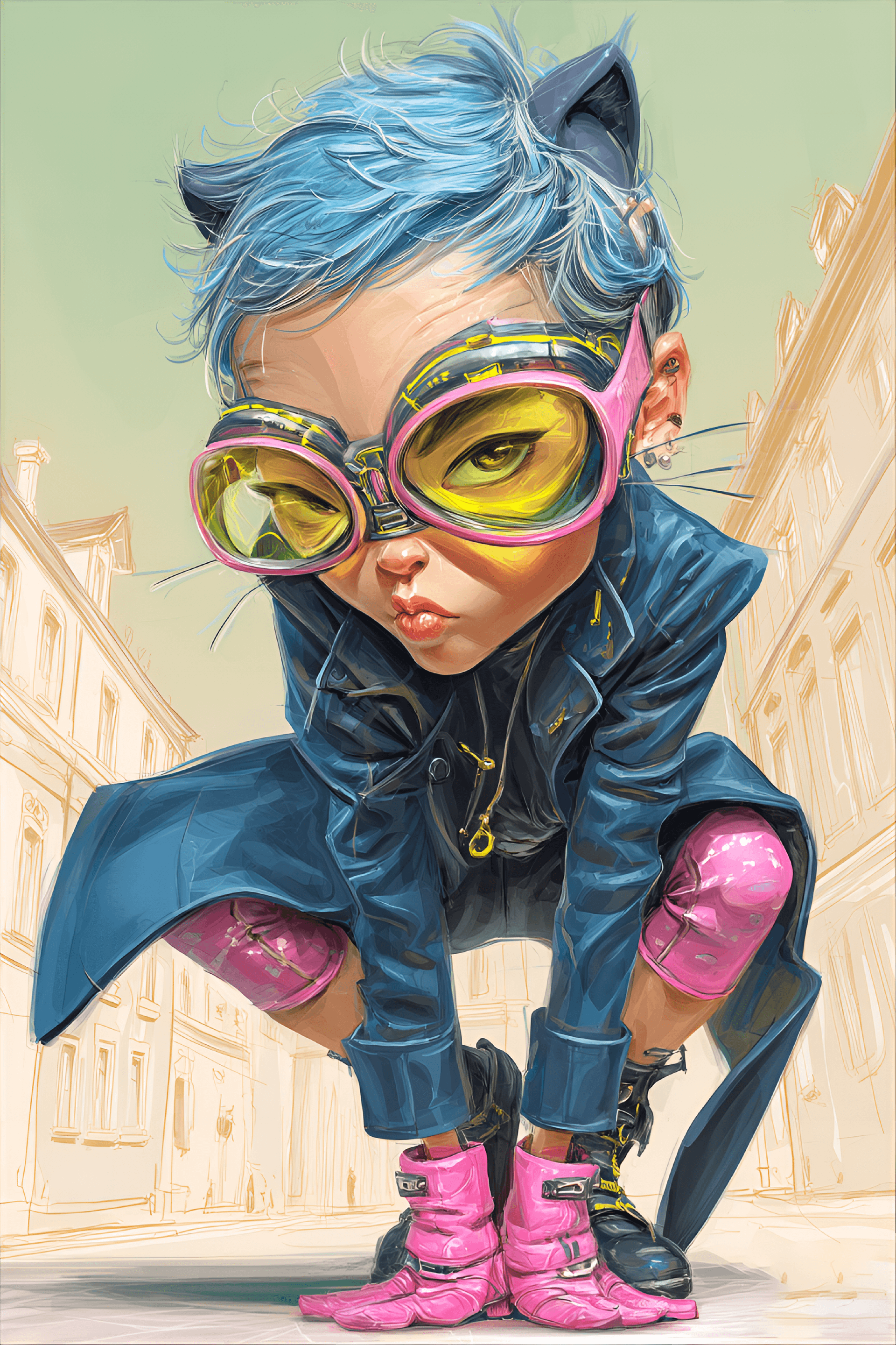 AI generated: funny caricature, futuristic cat-girl caricature, young asian female, 22 years old, blue hair, whisk...
