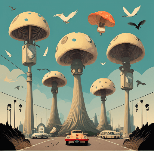 AI generated: a collage illustration of Porsche, street lamps, birds and giant mushrooms in a dystopic natural env...