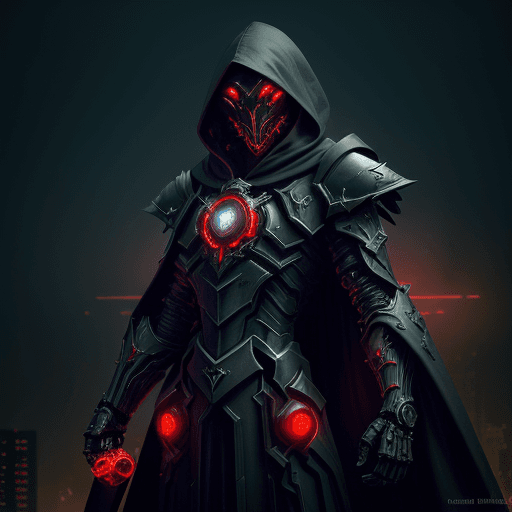 AI generated: Create an image of a mechanized warlock in a dystopian city. The figure is clad in dark robes with a...