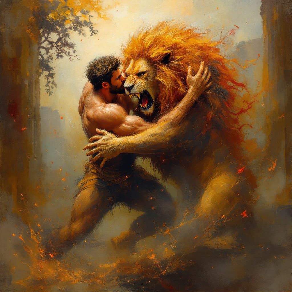 AI generated: An abstract, ethereal painting of Hercules wrestling the massive Nemean Lion in a mythic, dynamic co...