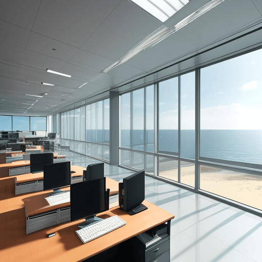 AI generated: Photo ultrarealistic, a modern office with library, desk and a laptop on the desk; with also a big w...