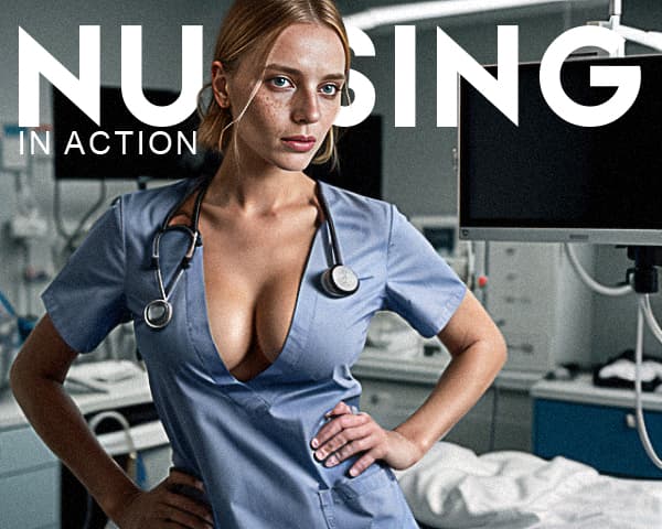 AI generated: 8k, uhd, leica, swedish female surgeon, stethoscope on neck, wearing blue scrubs, cleavage, low cut ...