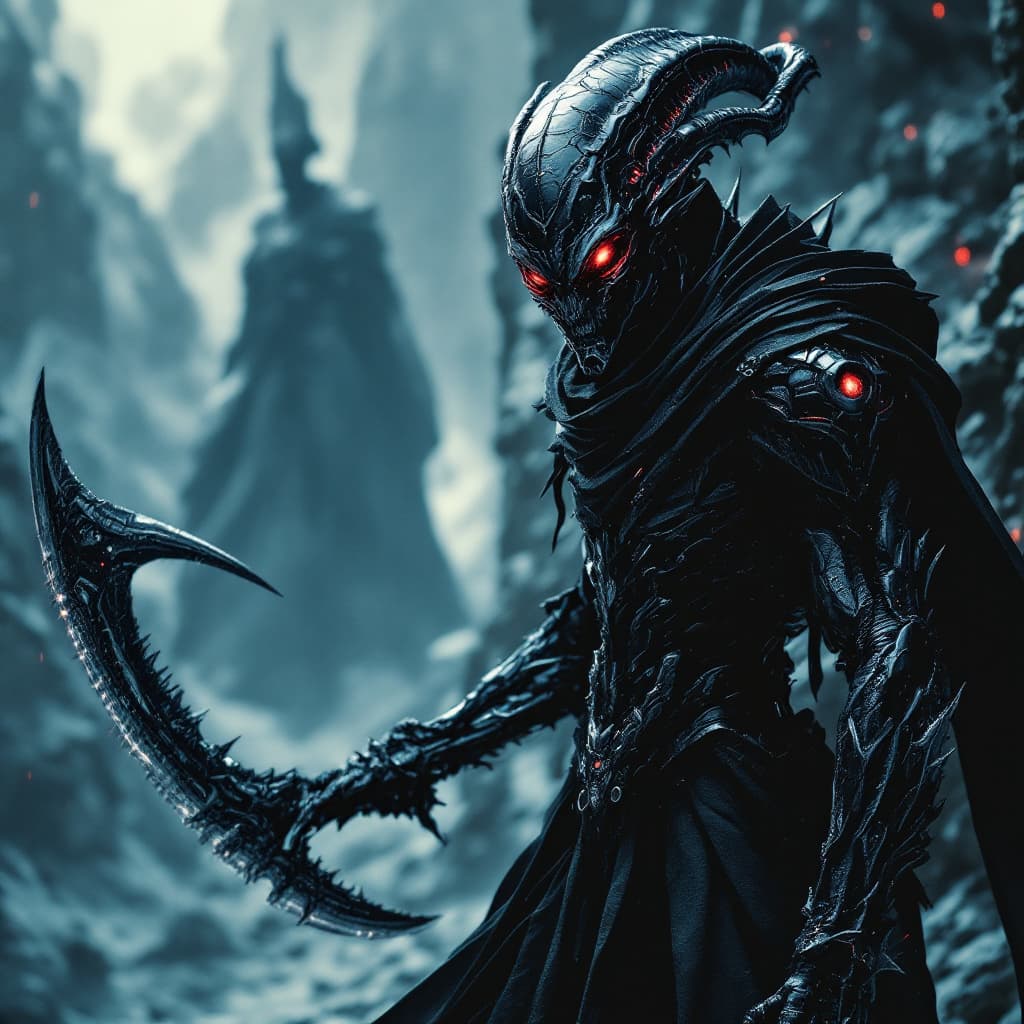 AI generated: An ancient evil looking alien warrior, black and grey, metallic, blends into the darkness on the spa...