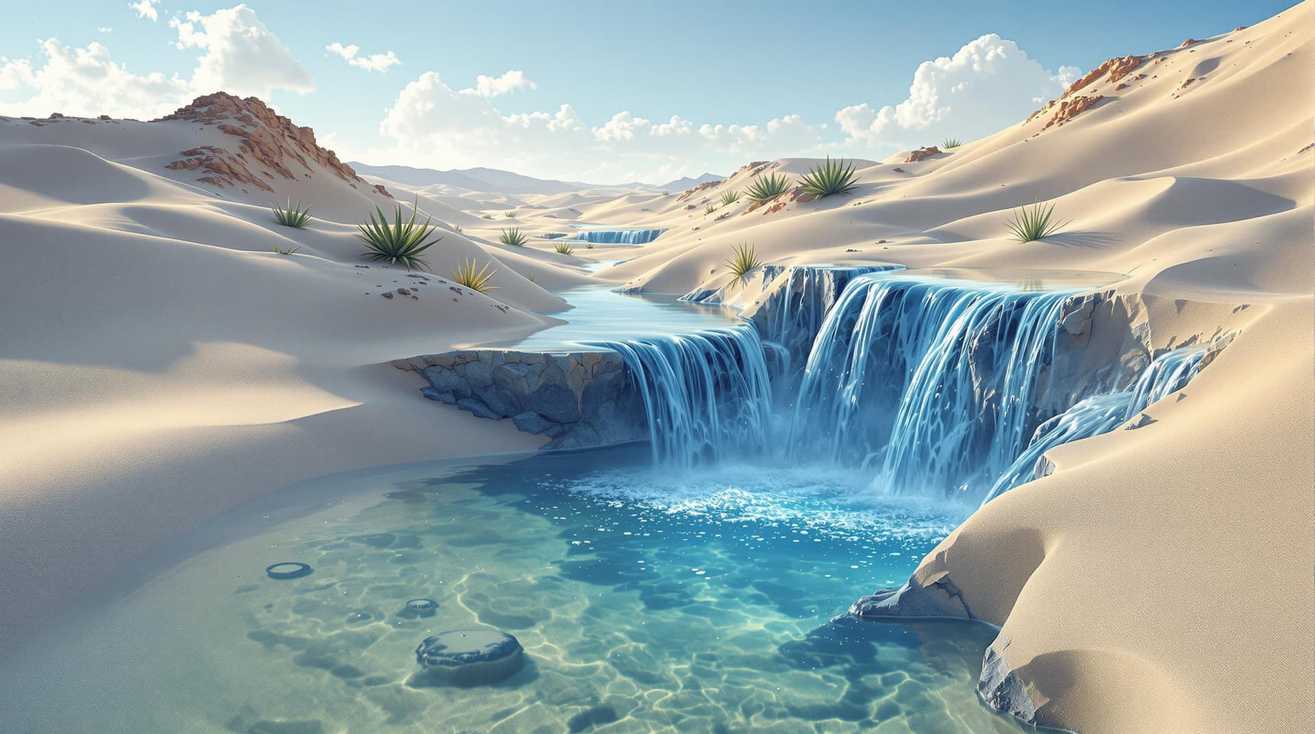 AI generated:  a surrealism landscape,where water replace the desert,waterfall of sand with a few marine plants,im...