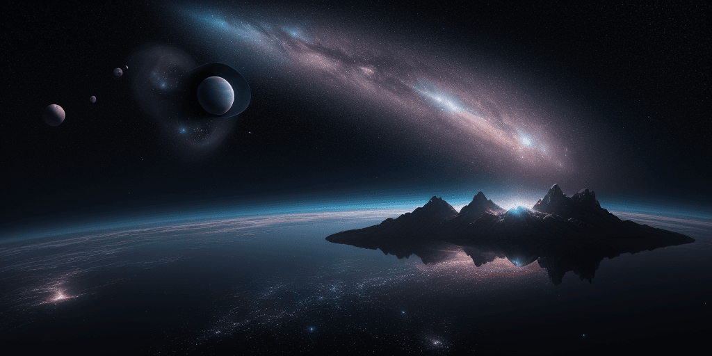 AI generated: Planet collision above a peaceful body of water reflecting back the awesome cosmic effects, distant ...