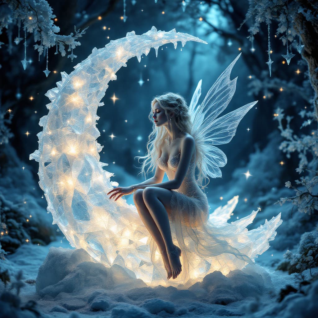 AI generated: “Envisage an intricate and beautifully female carved fairy and descent, seated on an illuminated cre...