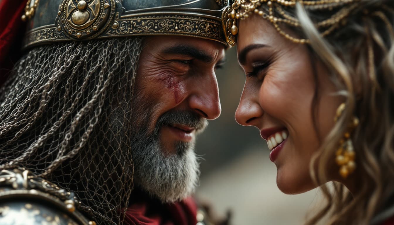 AI generated: Ultra-realistic .	Close-up of Parushat smiling at Ario, whispering her final words. [Parushat: noble...