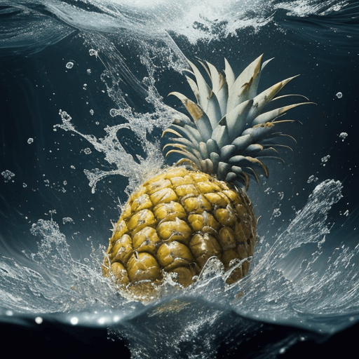 AI generated: xexplosion , splash , pineapple is falling into the water , close-up , the water is splashing radial...
