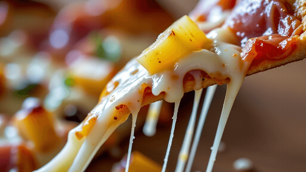AI generated: A macro photograph focusing on an extreme close-up of a perfect cheese pull from a slice of Pizza Ha...
