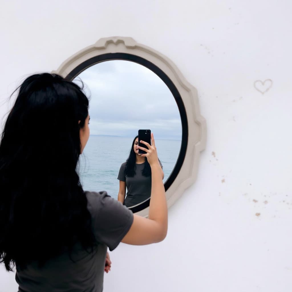 AI generated: IMG_1256.jpg: Ananya Panday taking a mirror selfie, Mirror is on the center of an ocean, 