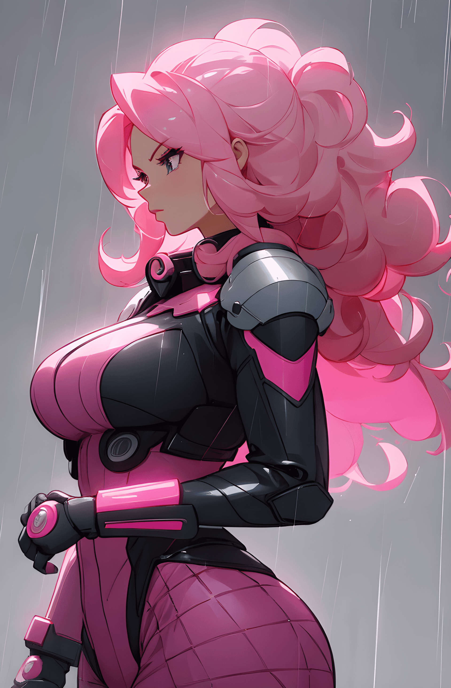 AI generated: a woman with pink hair standing in the rain, inspired by Ross Tran, afrofuturism, still from anime, ...