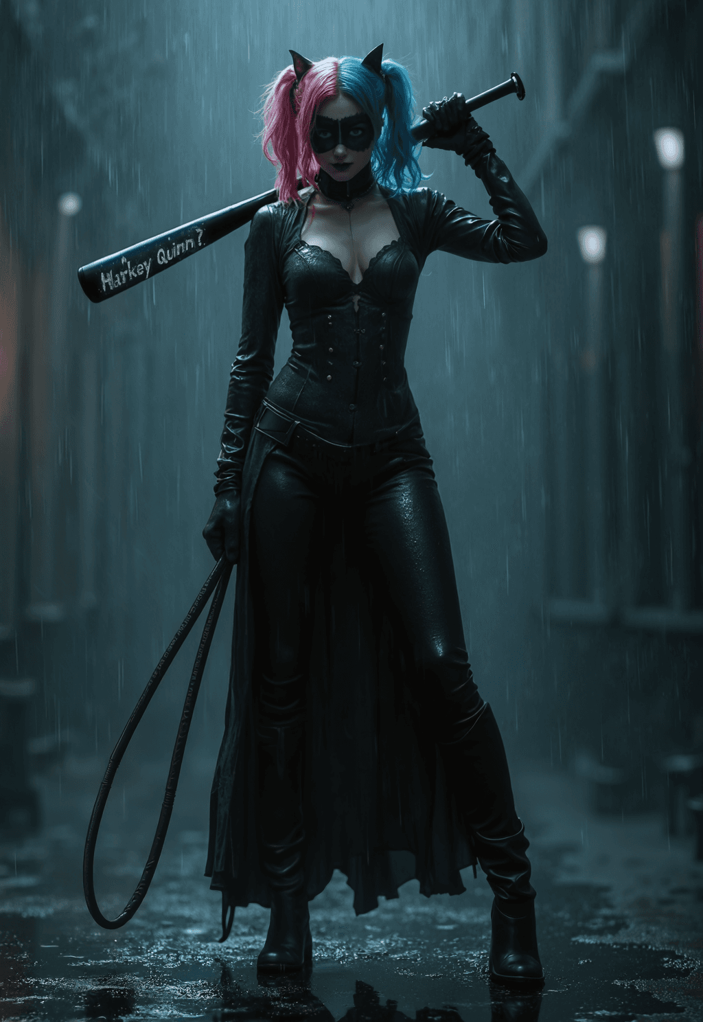 AI generated: Catwoman and Harlequin's hybrids, half -and -half -mixed characters, Catwoman's masks are used, and ...