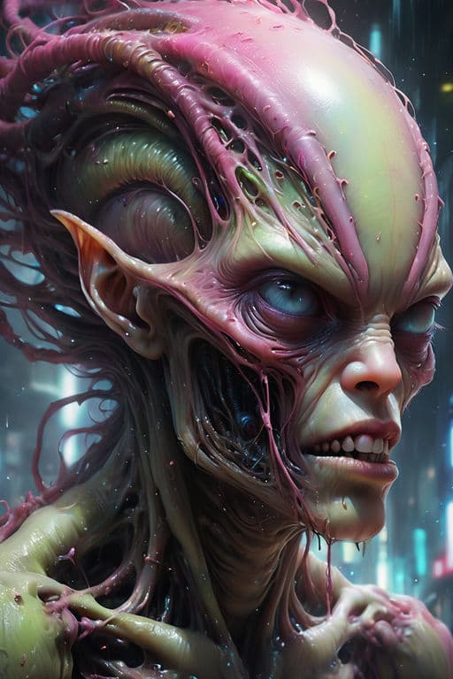 AI generated: Awesome painting of Awe-striking A horrorCore alien by ridley scott, double exposure character, perf...