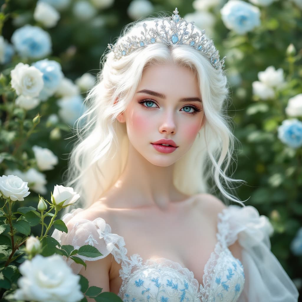 AI generated:  A young and stunning European albino princess of unreal beauty and angelic features. She has snow-w...