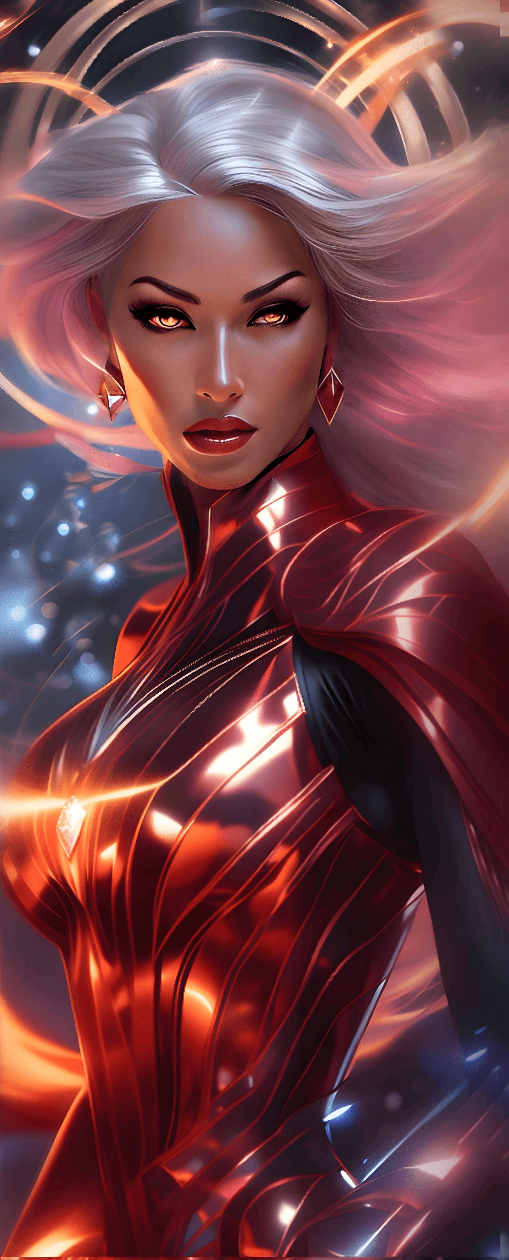 AI generated: Super heroine Morphing from nemesis, obsidian hair, ruby eyes, diamond skin, intricate detail, fanta...