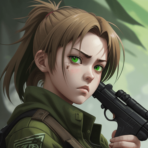 AI generated: a girl holding a gun in her hand, in the style of anime art, light brown and green, strong facial ex...