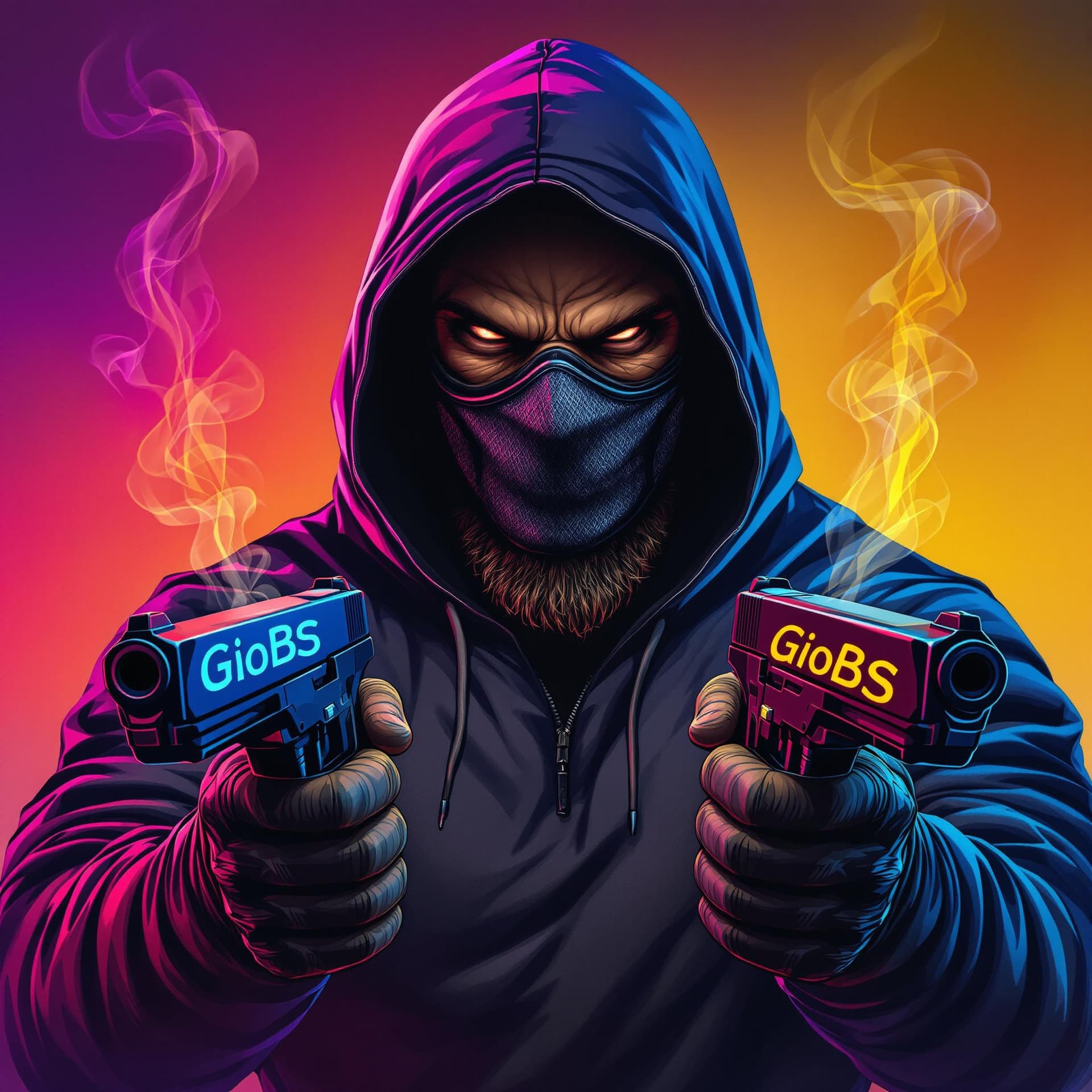 AI generated: RGB fading background, Brutal muscle man wearing hoody, with a carbon mask,holding dual 9mm handguns...