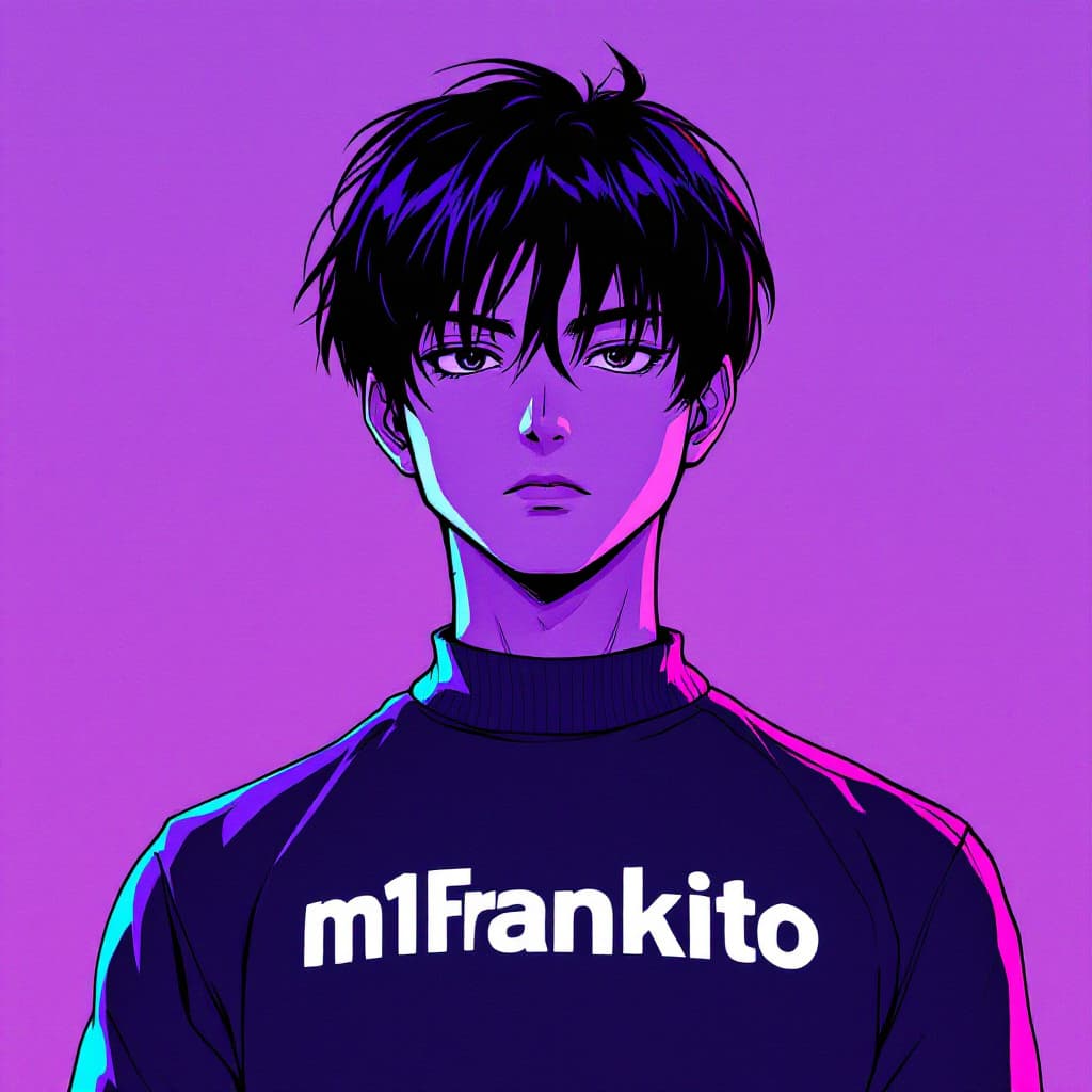 AI generated: 1990s, anime boy, short dark hair, serious face, looking straight ahead, Japanese pop culture, purpl...