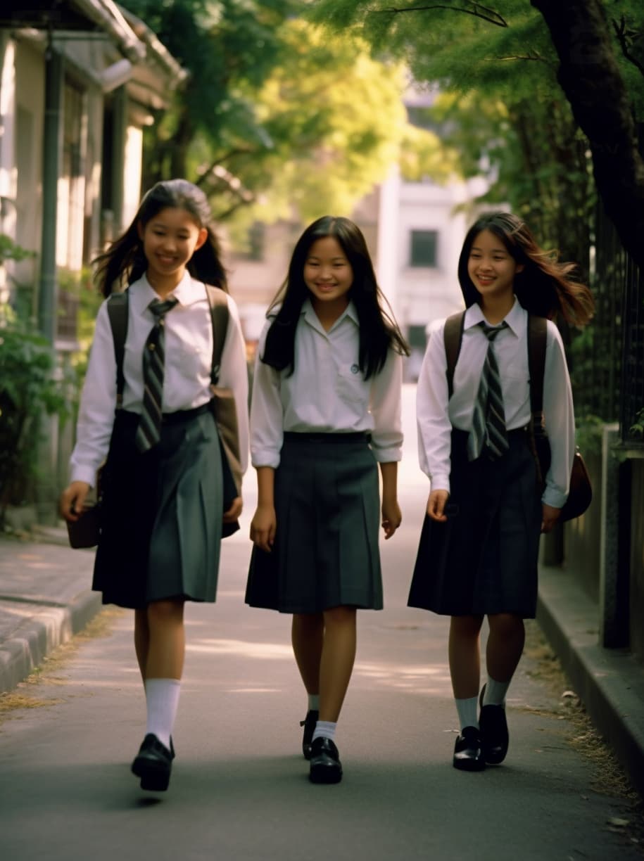 AI generated: a black and white photo of three women walking down a street, a picture, tumblr, shin hanga, japanes...