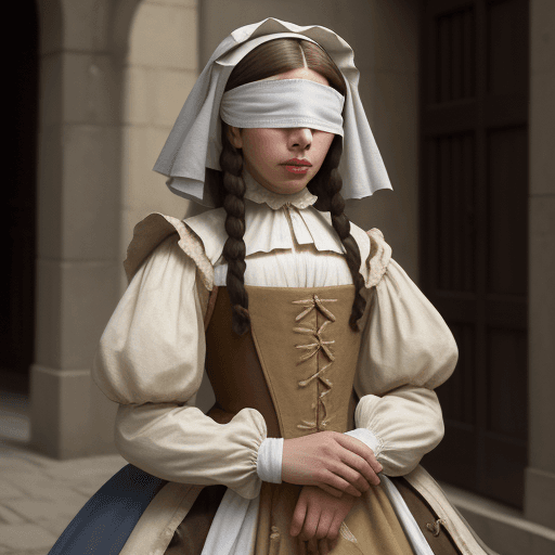 AI generated: CHARACTER: Ana de Mendoza
DESCRIPTION: Ana, blindfolded.
PERIOD: 16th century
CLOTHING: Dressed in t...