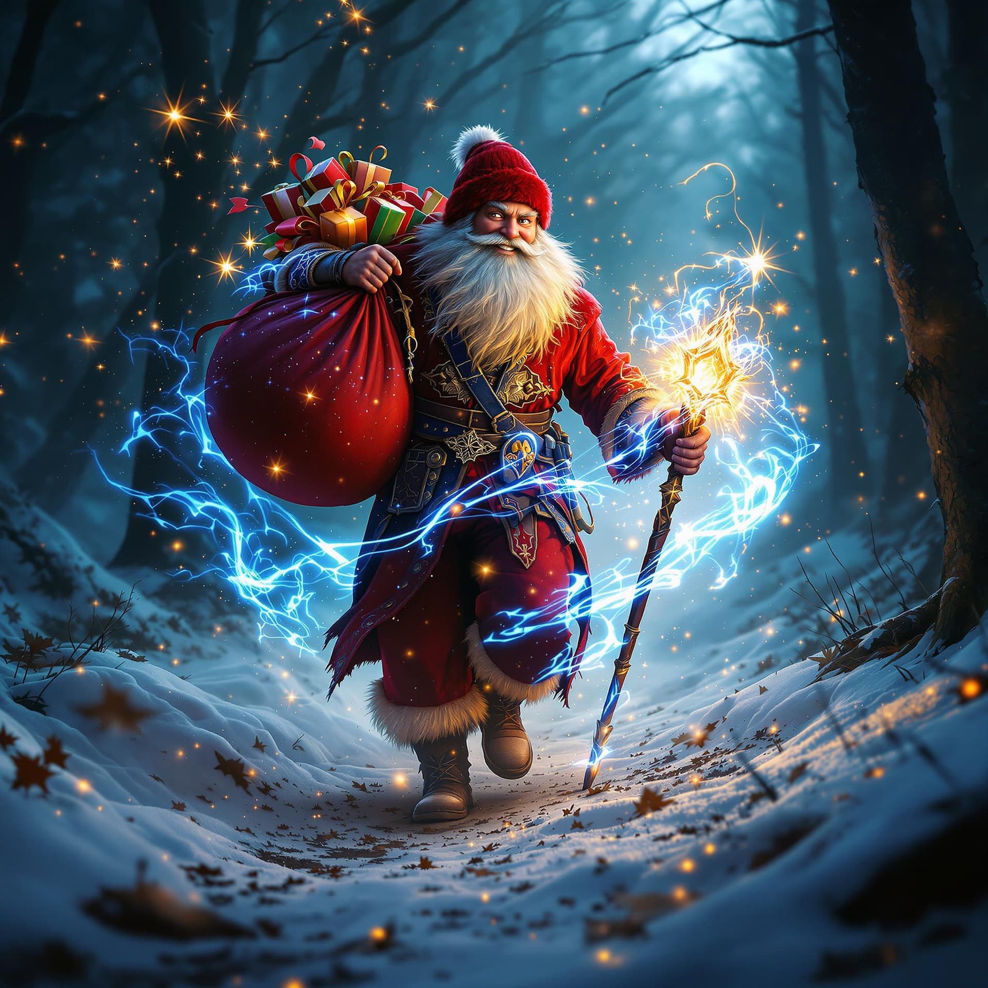 AI generated: movie poster, smiling kind russian uncle frost wearing red rocker clothes is depicted in an action p...
