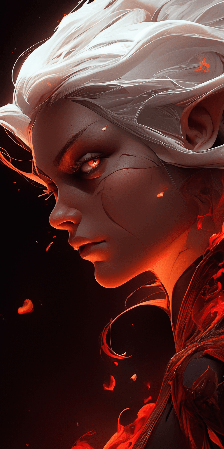AI generated: eye view photography of gorgeous metawoman, white hair and red eyes, emerging from lava in shimmerin...