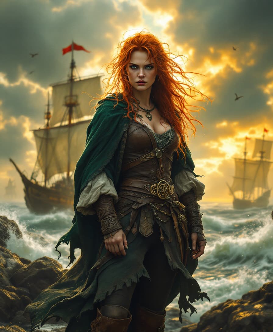 AI generated: Gráinne O'Malley, the legendary Irish pirate queen, stands defiantly at her rugged sea port, her sta...