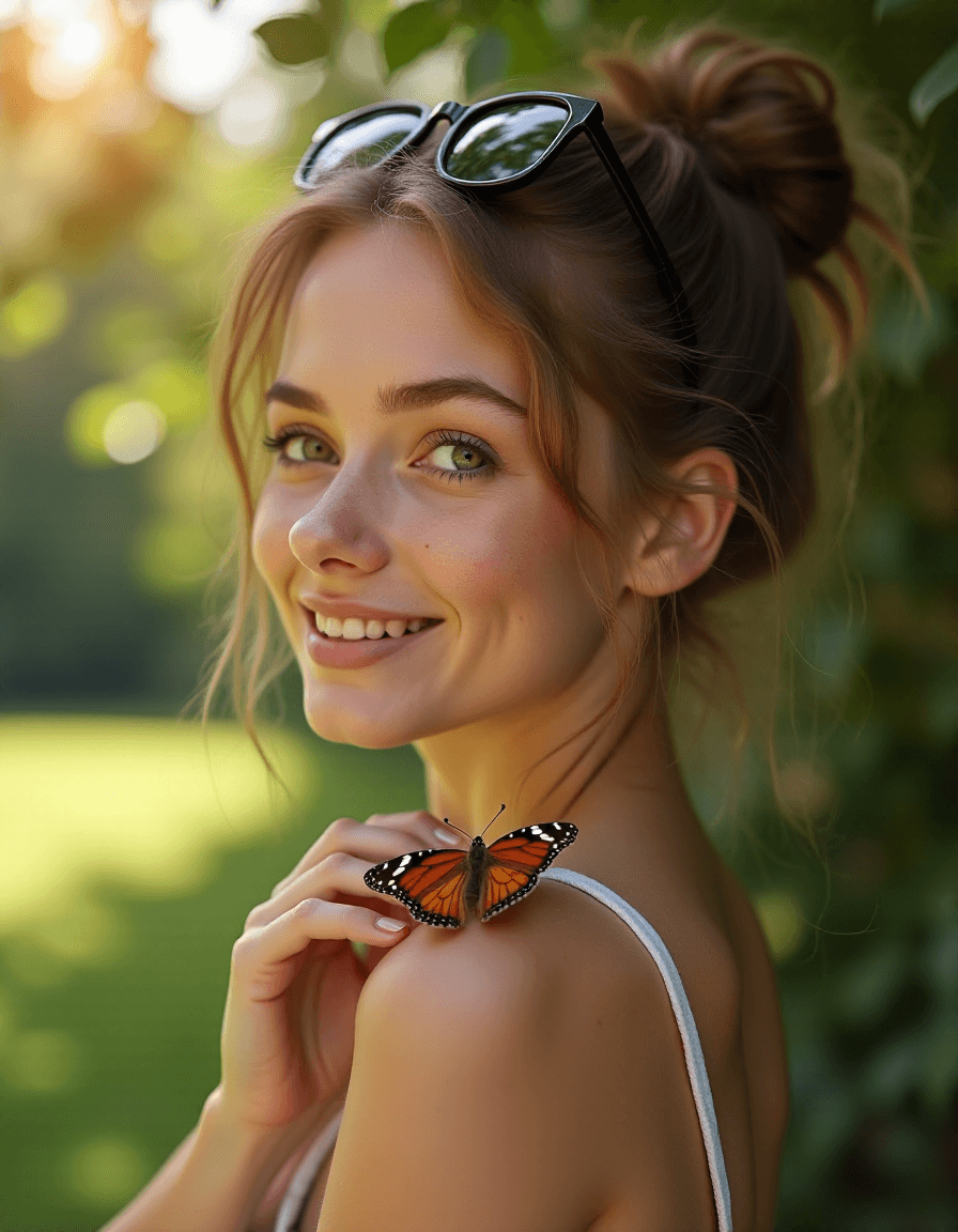 AI generated: photography of a young french woman with a butterfly lying on her shoulder, pale skin, round face, s...