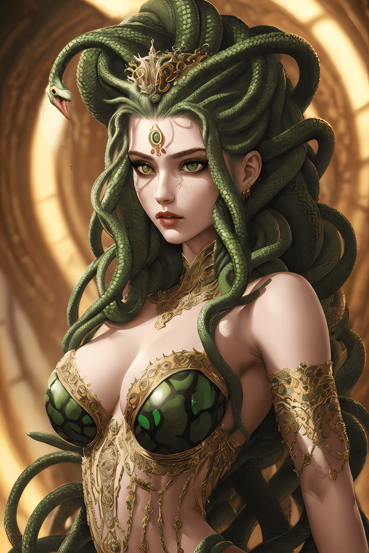 AI generated: ((best quality)), ((masterpiece)), ((realistic)), young Medusa, full body, hair is composed of count...