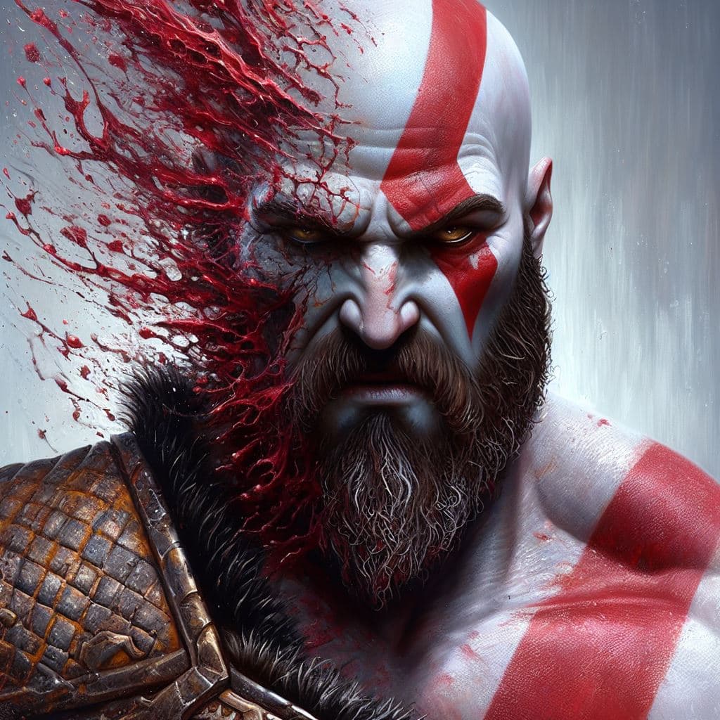 AI generated: realistic oil painting of Kratos merging in blood splash
