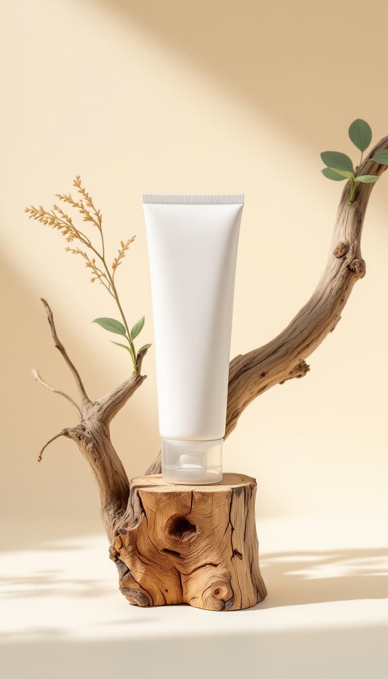 AI generated: 45-Degree angle of product photography, in muji style, a white skinny cream tube on top of an old wo...