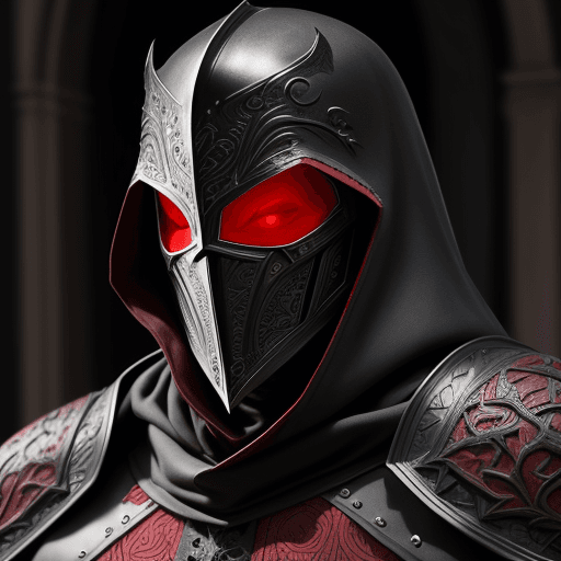 AI generated: closeup of knight from the Middle Ages, with face under the dark  red hood, with dark black energy c...
