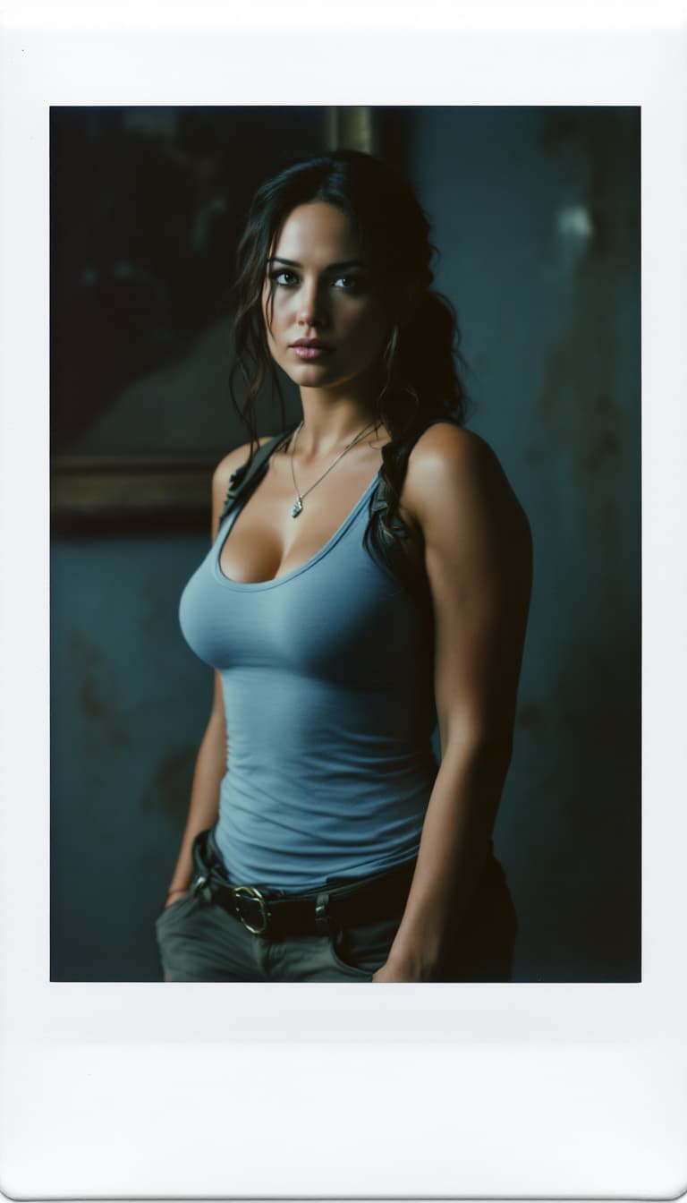 AI generated: Lara Croft,Tomb Raider 2013,shot on a Polaroid photo, light blue tank tshirt ,tank pants,A plus body...