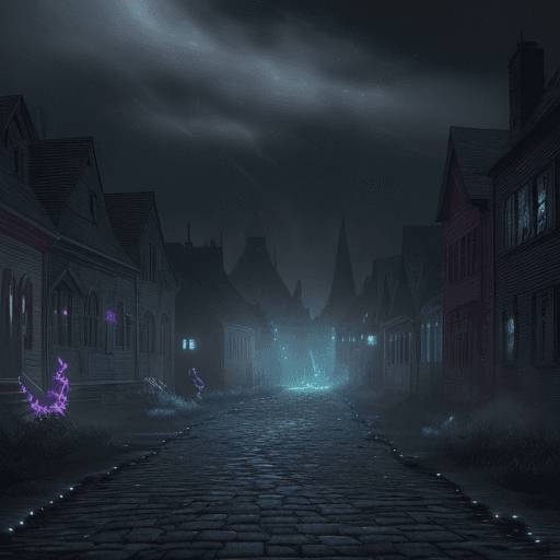 AI generated: Create an eerie nighttime scene of an old, abandoned town illuminated by glowwave lighting. The town...