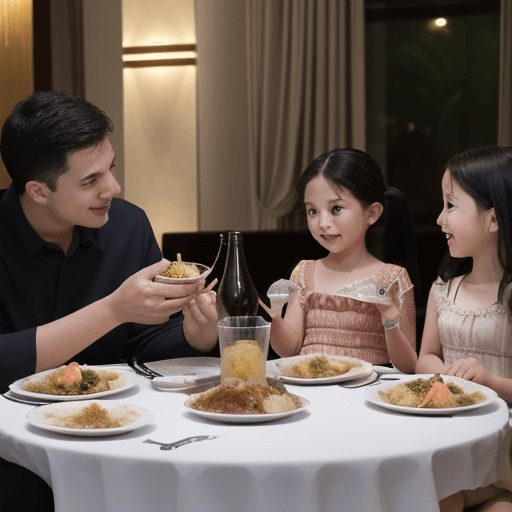 AI generated: A family, of four having dinner at a five star hotel. It must include a couple with two children a b...