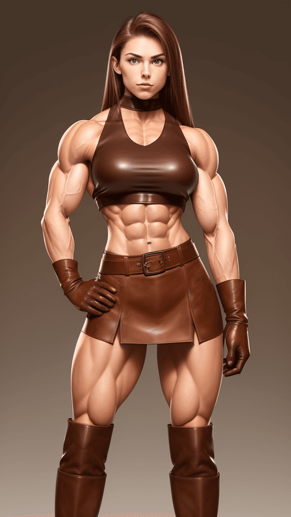 AI generated: 20 year old strong muscular girl with muscular abs and toned biceps wears Brown Leather skirt, Brown...