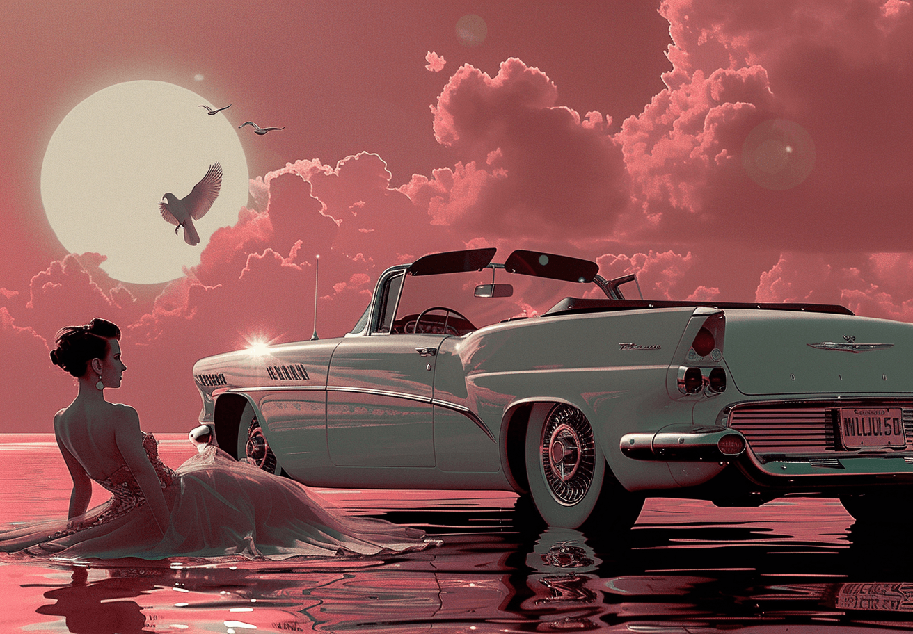 AI generated: a woman sits near the water in front of a convertible, in the style of american mid-century design, ...