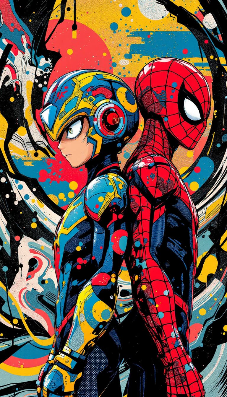 AI generated: Megaman X and Spiderman standing back to back, full body, in a dynamic pose, with intricate details ...