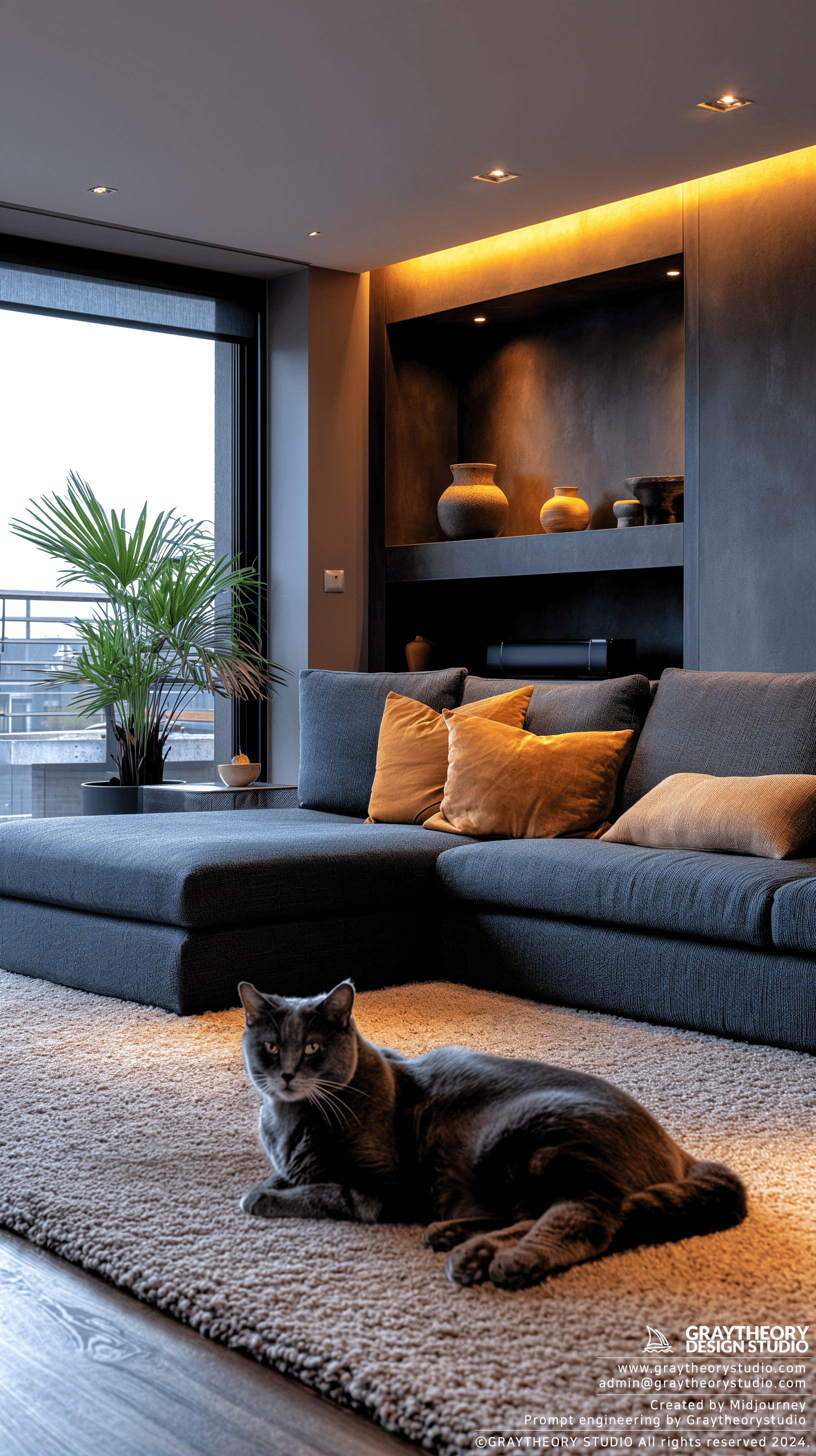 AI generated: Photograph a contemporary living room, soft light of dusk, integration wood flooring, soothing grey ...