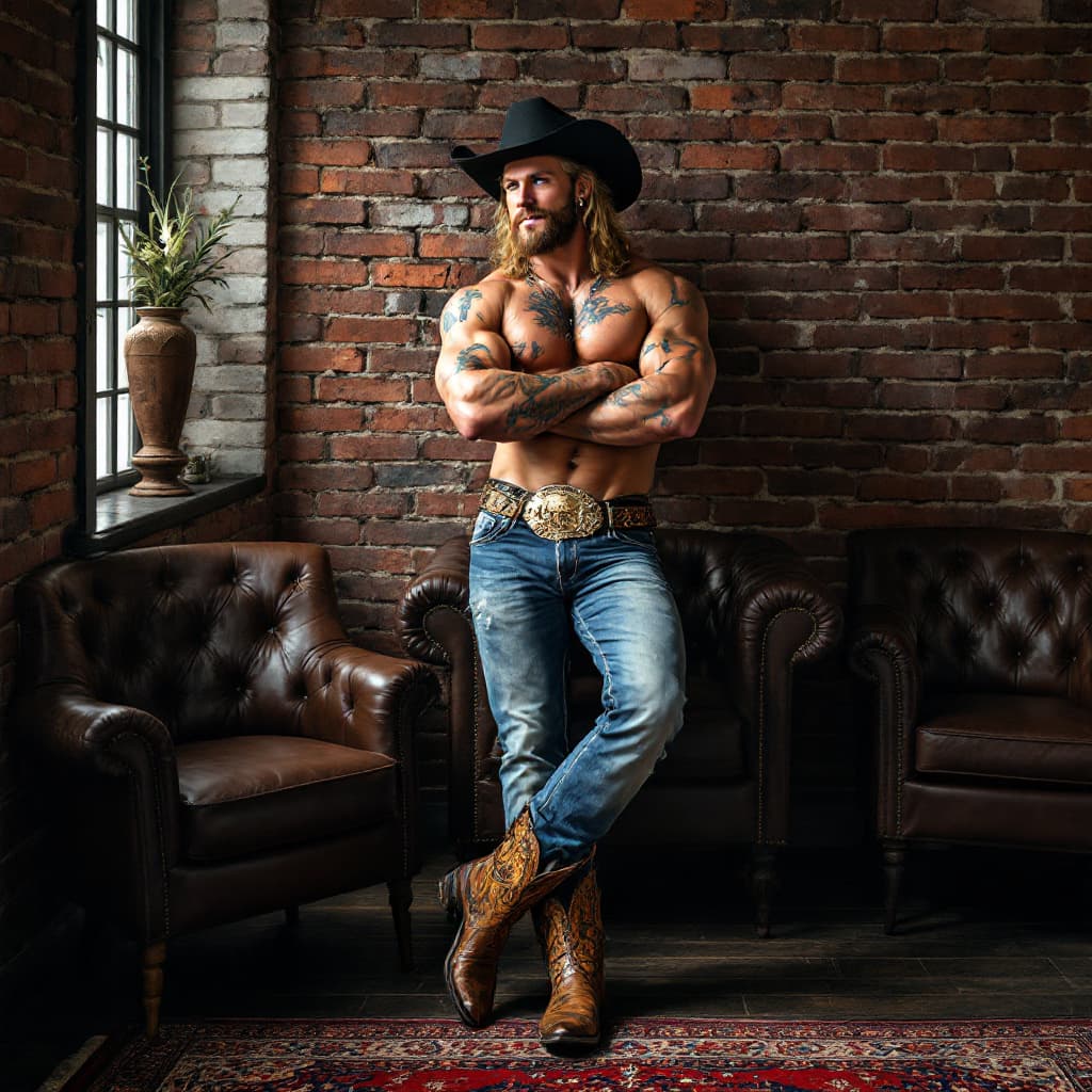 AI generated: Full face on view of whole body, Cowboy looking at me from across the room leaning on brick wall, ol...