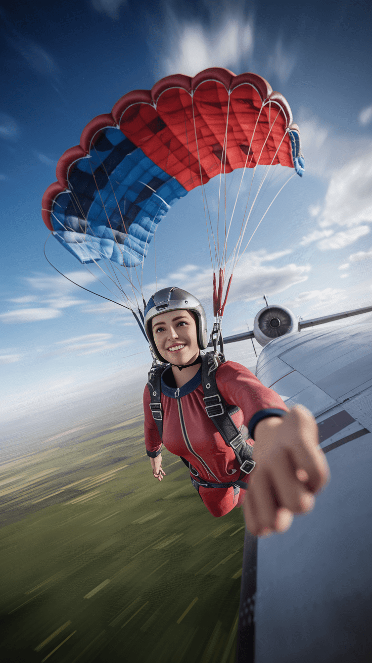 AI generated: 
Go back
female parachutist, jumping from plane, smile, selfie, motion, full body visible, detailed ...