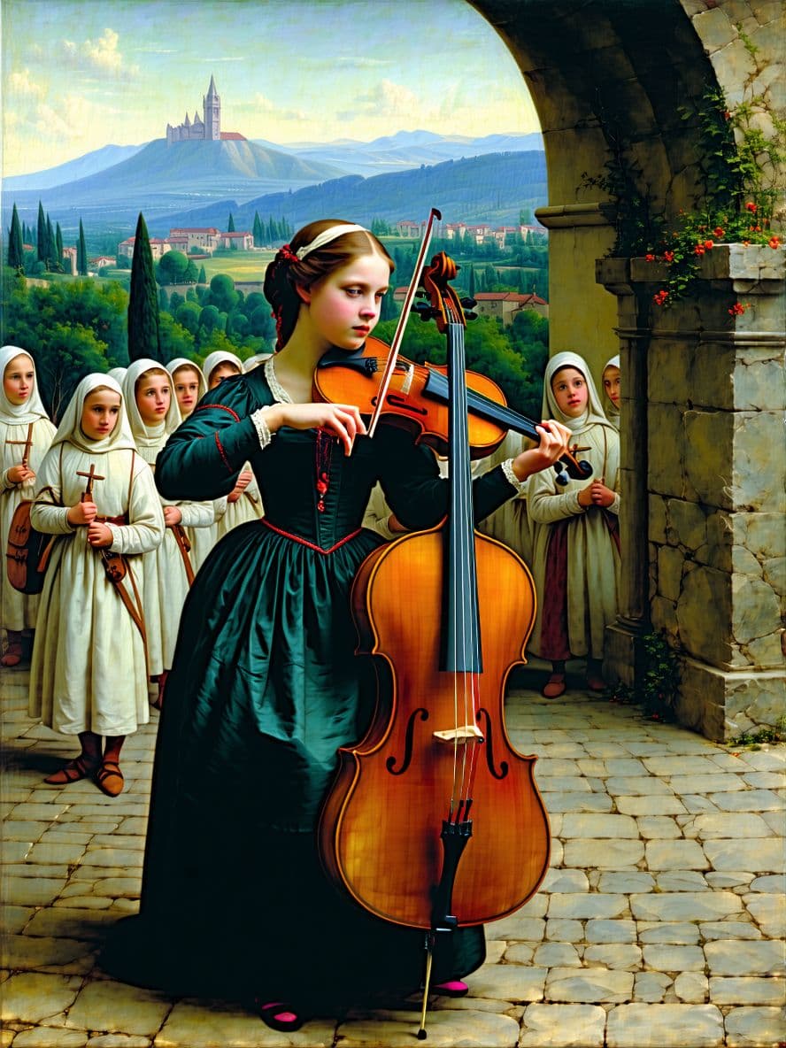 AI generated: in a painting by Leonardo da Vinci we see a fiddler is fiddling in Florence. She and her cello are c...