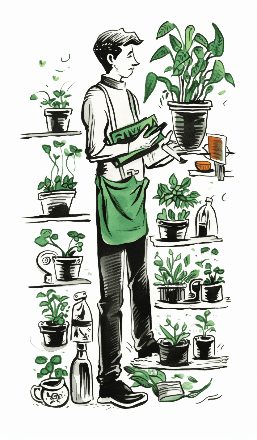 AI generated: https://s.mj.run/8zuEvg7QROM the gardener has a bouquet of potted plants and plants, in the style of...