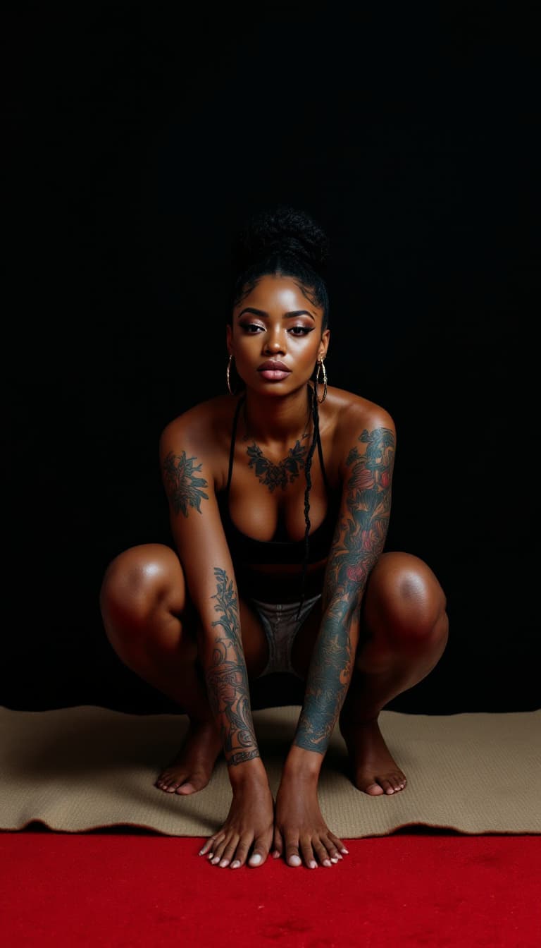 AI generated: a woman with tattoos on her arms and knees squatting on a mat with a black background and a red carp...