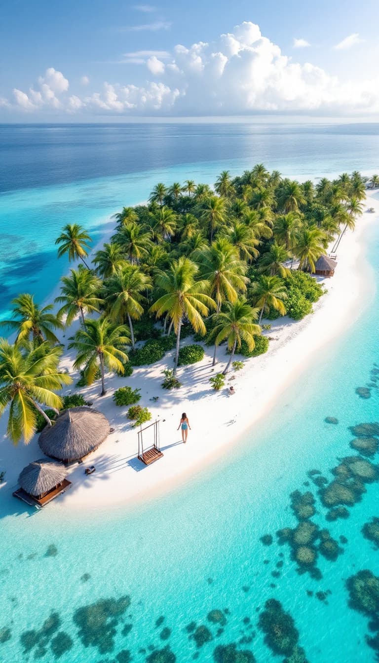 AI generated: Pristine tropical island beach scene, crystal clear turquoise lagoon, white sand shoreline, swaying ...